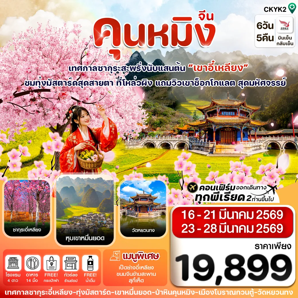 ทัวร์จีน คุนหมิง-ป่าหิน-ซากุระอี๋เหลียง 6วัน 5คืน (KY)